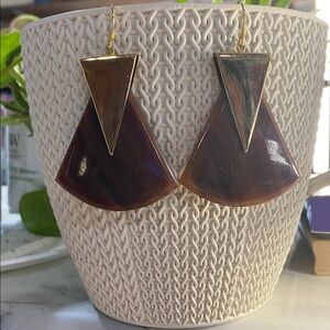 Geometric Gold & Brown Fan Drop Earrings 2 inch
